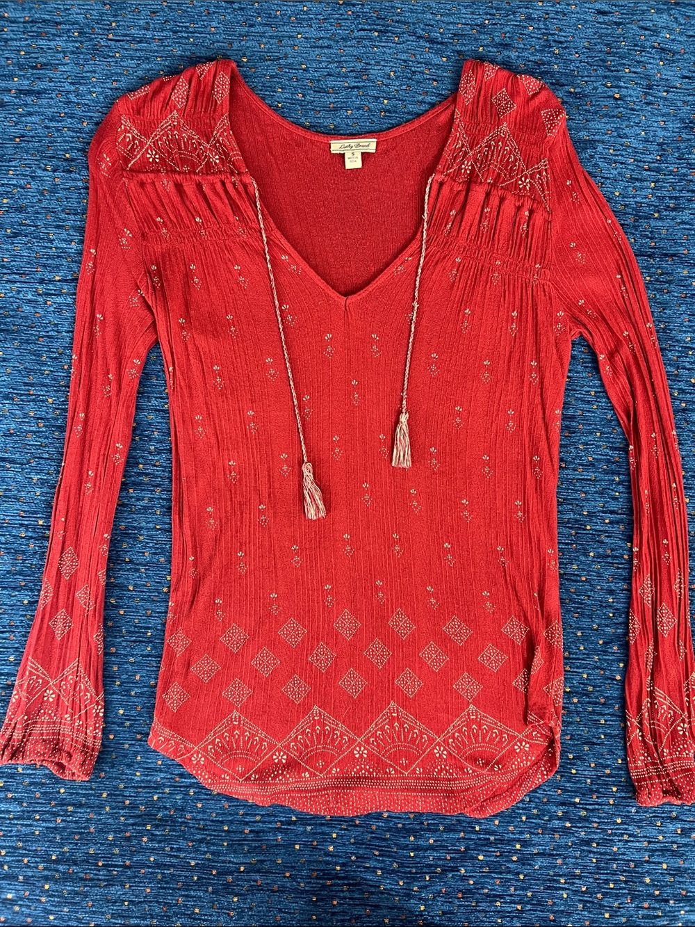Lucky Brand size small rust-Red V-Neck Long-Sleeve Tassel boho top